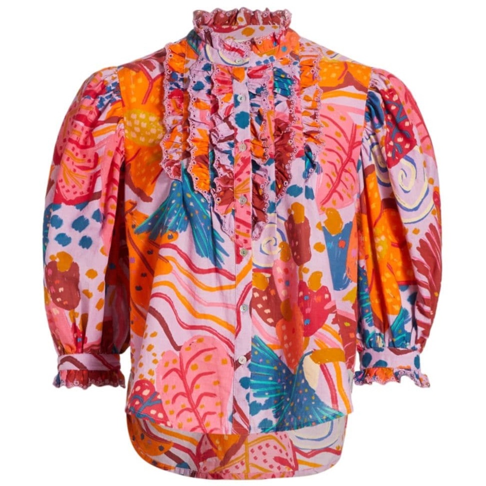 FARM Rio Lilac Colorful Party Blouse with Puff Sleeves, Medium